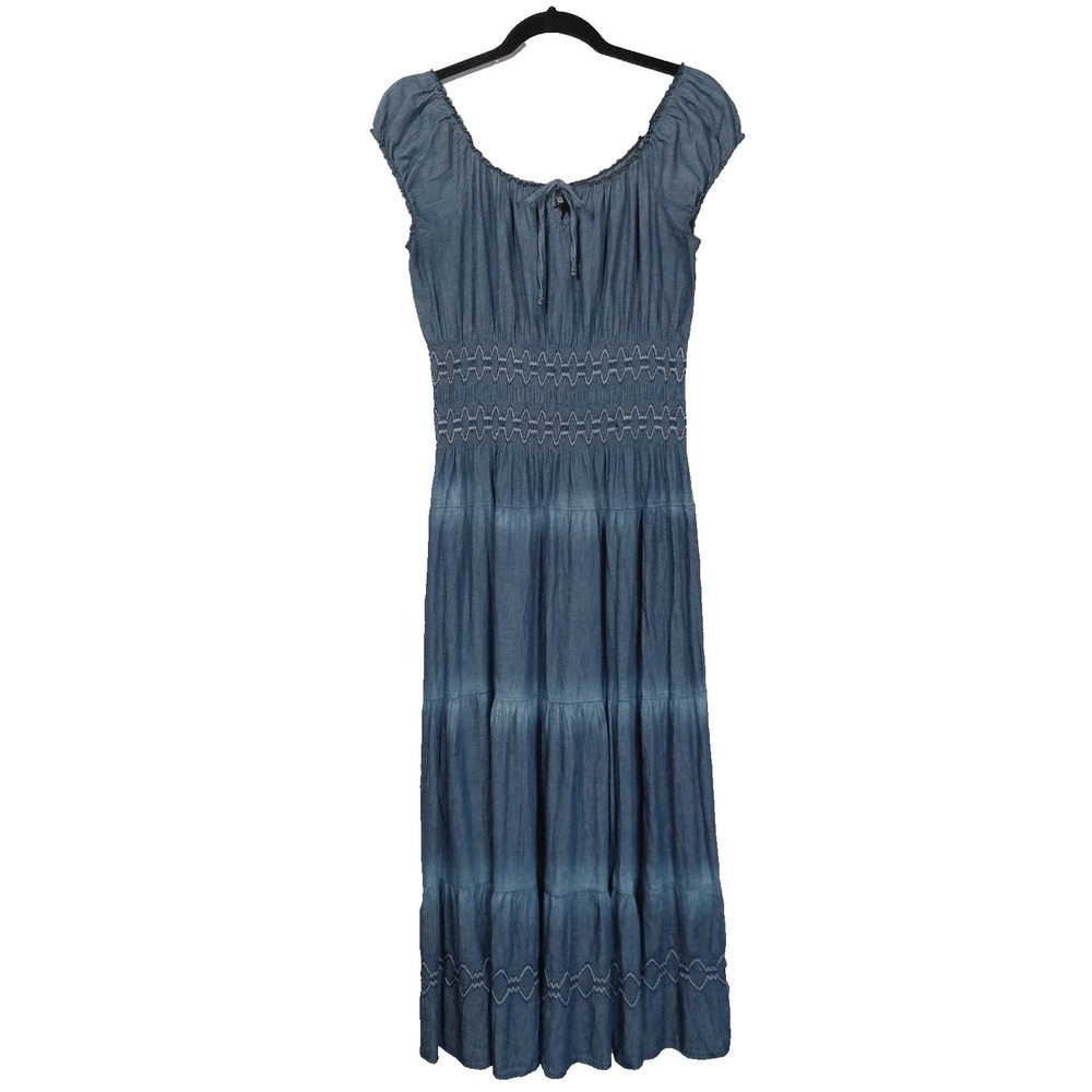 Lapis Chambray Peasant Scoop Neck Tiered Dress LG Blue Smocked Boho Gypsy